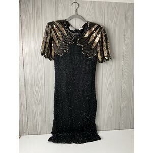 Vintage 80s Stenay Sequin Beaded Glam Flapper Gatsby Gown Dress Black Gold Sz 6